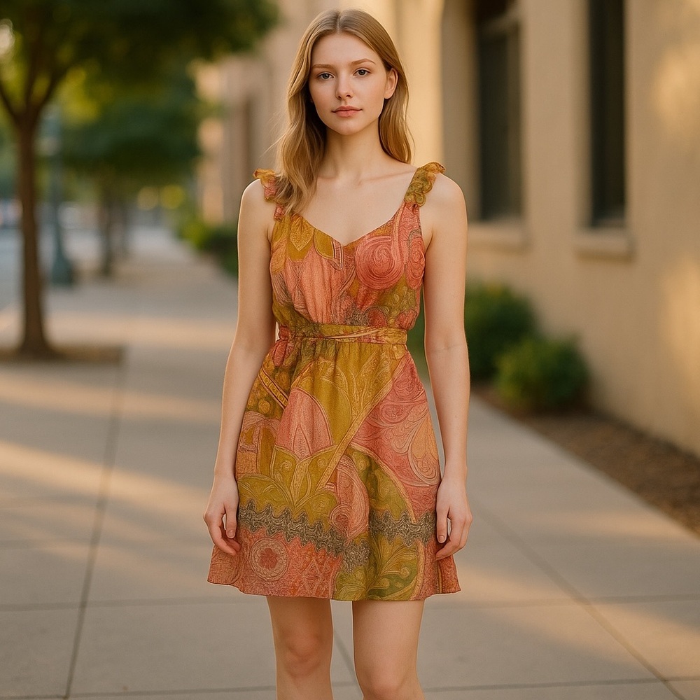Lindon‎ Times Pink Multi Colored abstract Dress 6P Women Summer Cottagecore